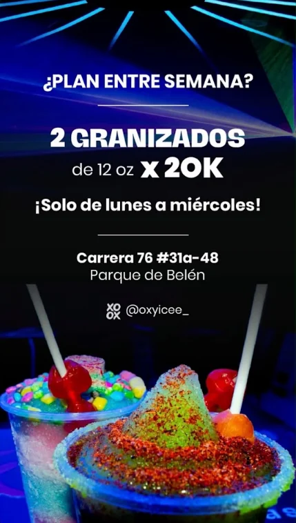 ¿PLAN ENTRE SEMANA? 2 GRANIZADOS de 12 oz x 20K ¡Solo de lunes a miércoles! Carrera 76 #31a-48, Parque de Belén. @oxyicee_